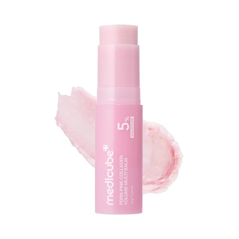 The medicube balm stick beside a soft pink swatch of the balm on a white background