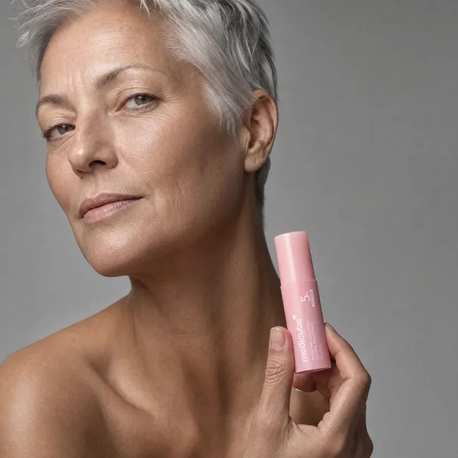 A woman with silver hair holding the medicube balm stick against a cool grey studio background